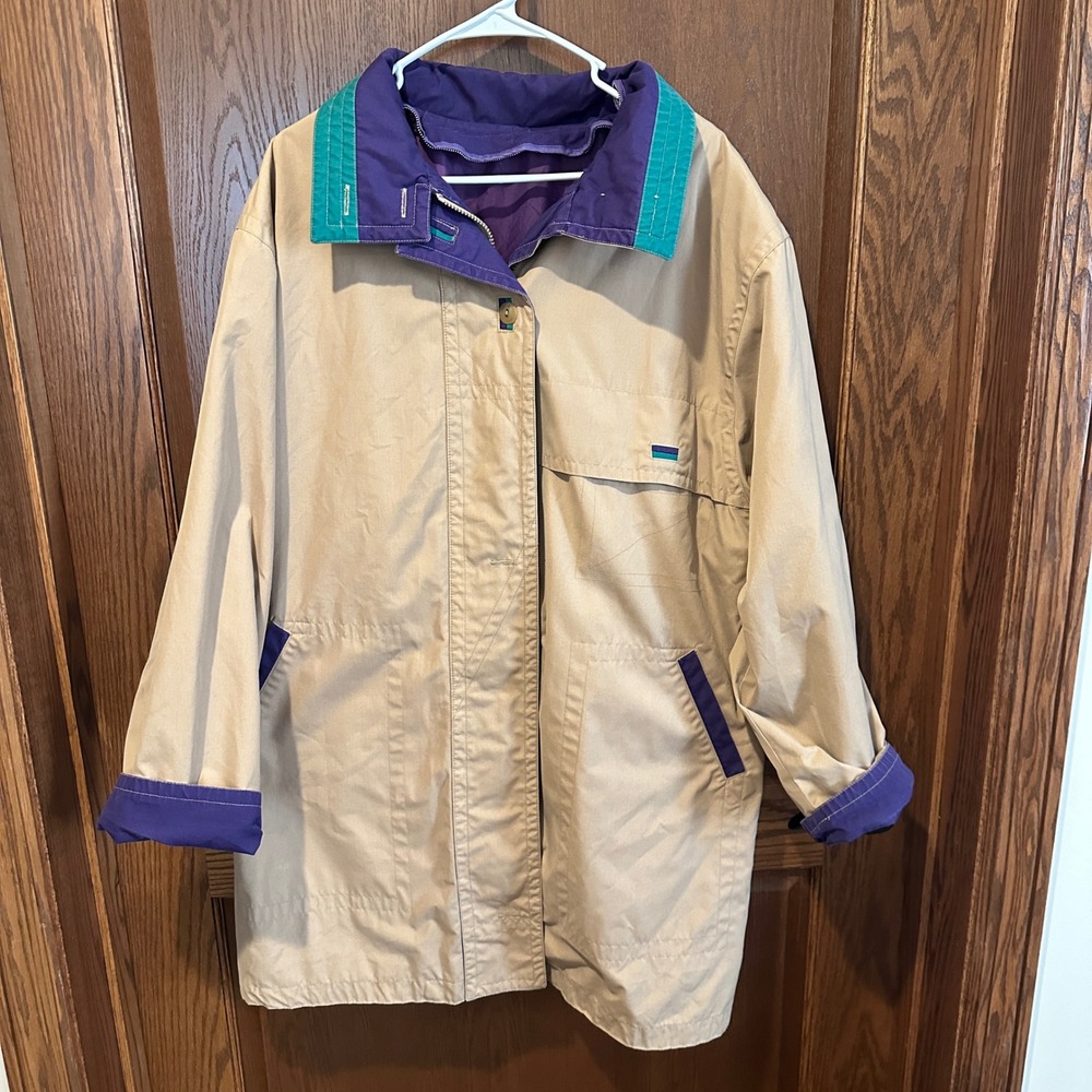 Vintage London Fog Tan Jacket Purple Teal Accents Men XL Windbreaker Coat